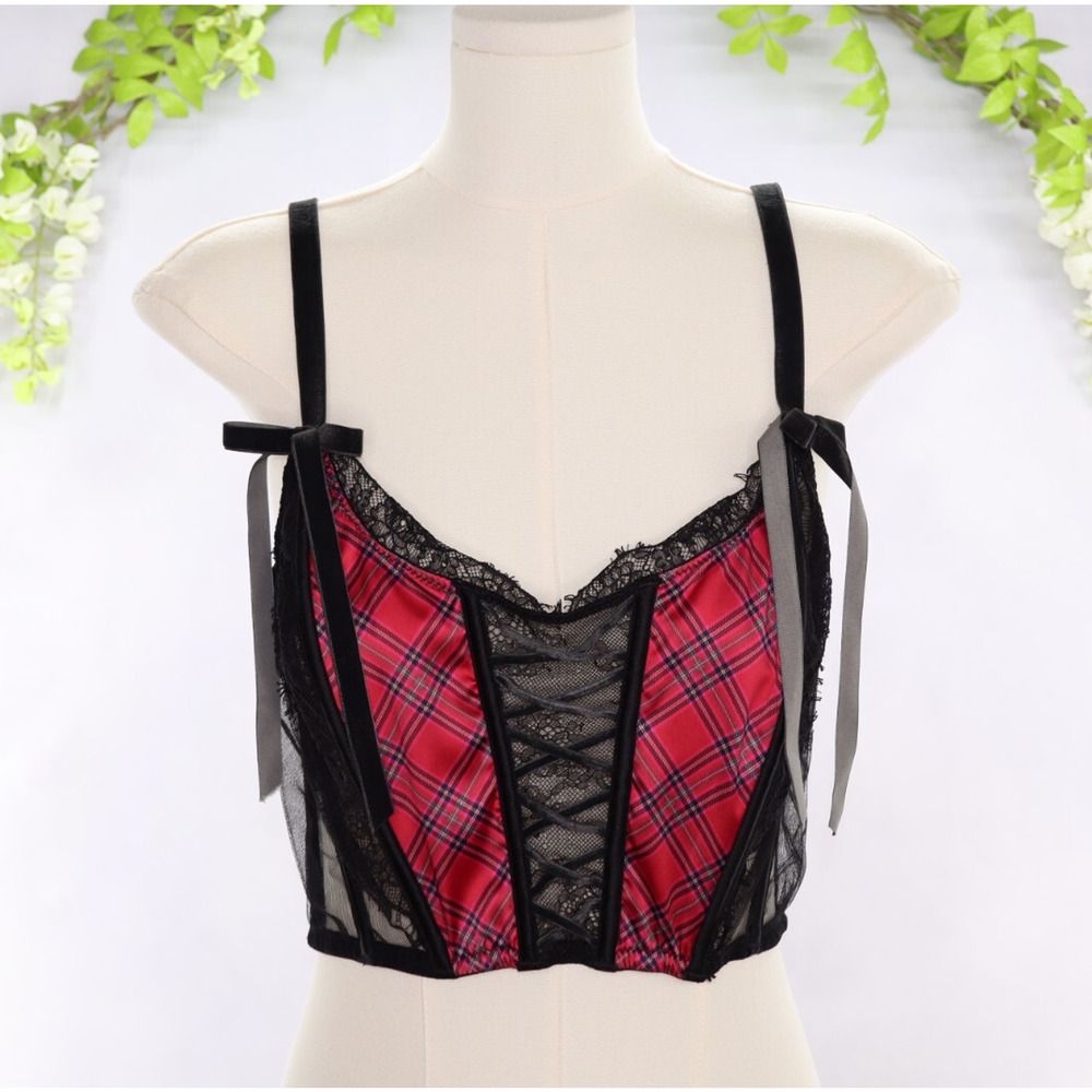 Victorias Secret Corset Boned Bustier Velvet Lace Plaid Ribbon Red Black Cosplay